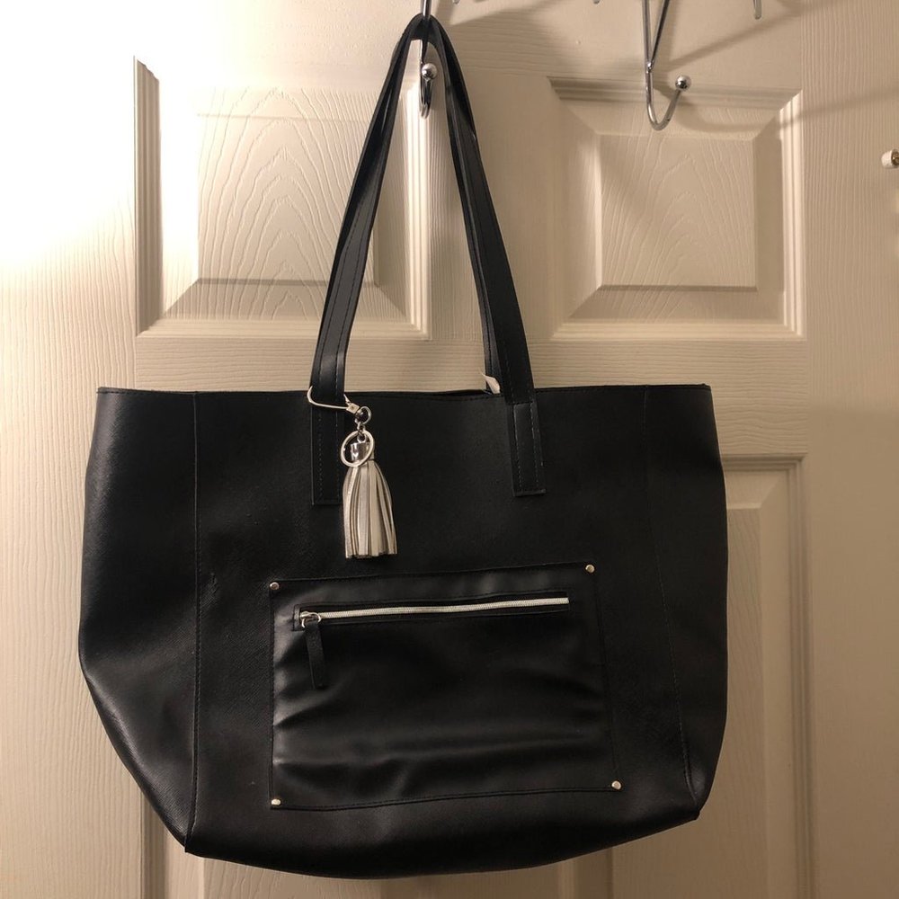 Large Black Vegan Saffiano Leather Tote Bag Handbag Purse